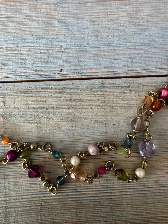 3pc Spring Necklace Set Red Choker, Green Seed Bead, Long Gold Multicolor Layers - Picture 10 of 13